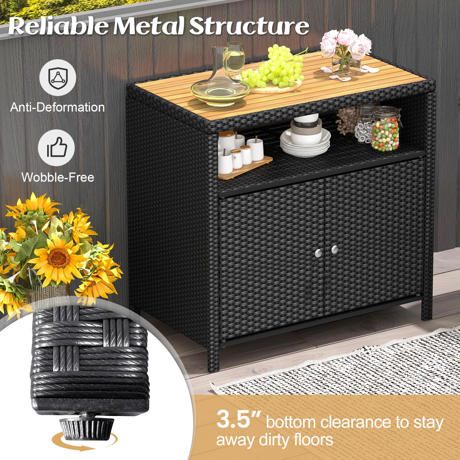 RELAX4LIFE Wicker Outdoor Bar Cabinet - PE Rattan Patio Bar Table w/Acacia Wood Countertop, Open Shelf & 2 Doors, Buffet Sideboard Organizer for Garden Backyard Pool, Outside Storage Cabinet (Black)
