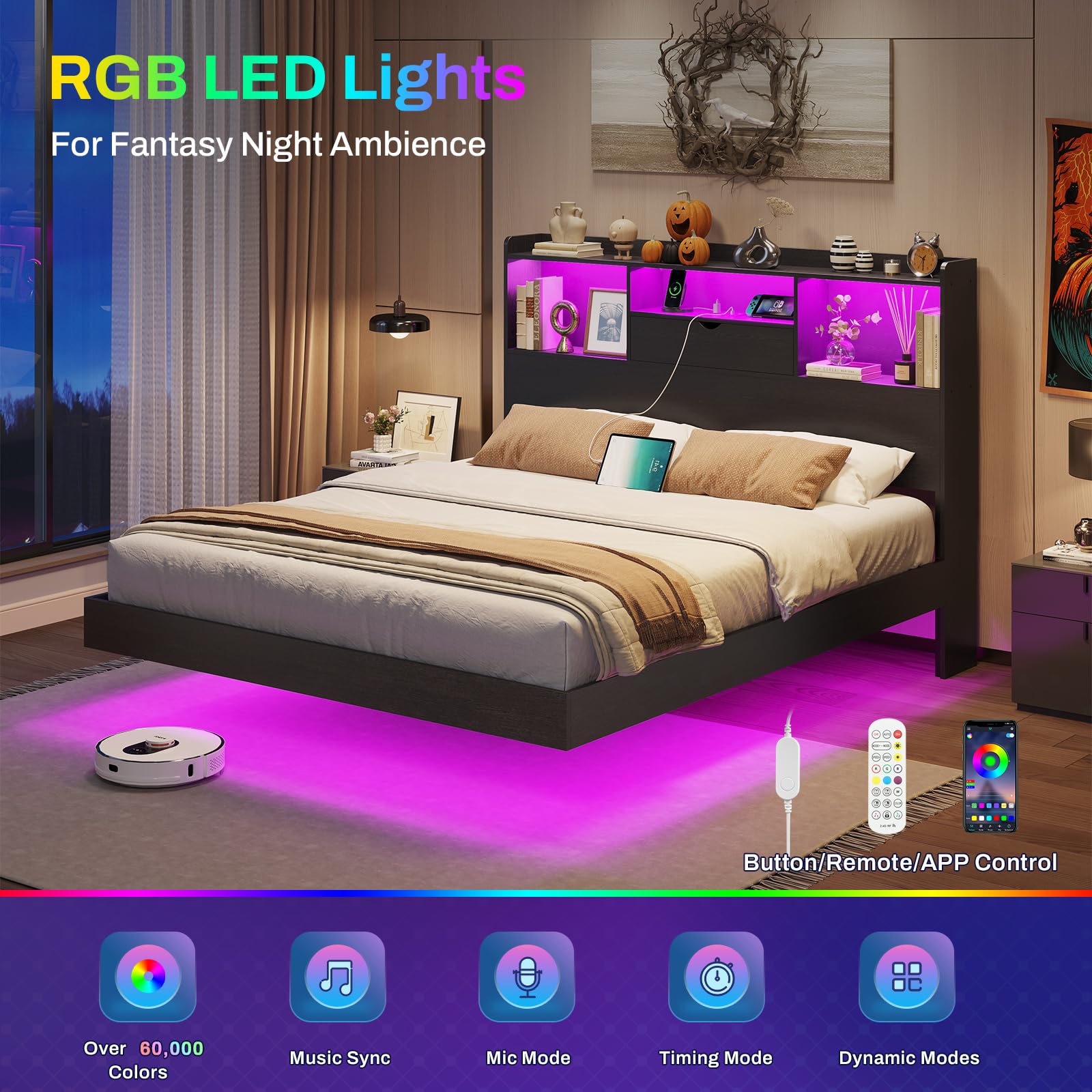 DICTAC Queen Floating Bed Frame with LED Lights and Storage Headboard, Visual Floating Bed with Charing Station, Queen Size Metal Platform Bed with Stable Structure, No Box Spring Need, Easy Assembly