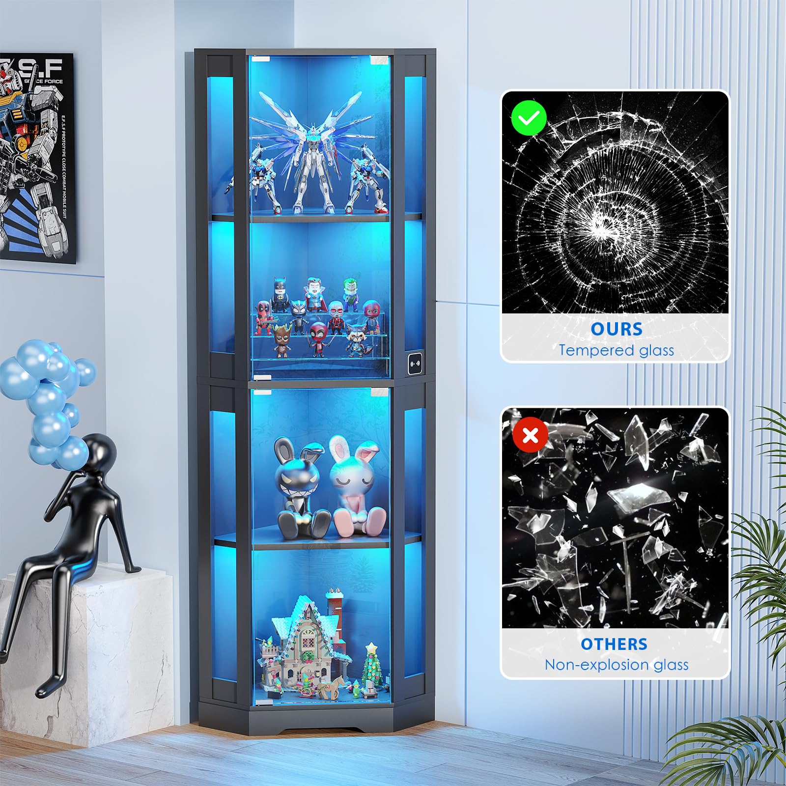 BROTTAR 65" Corner Glass Display Cabinet with LED Lights, 4-Tier Showcase Display Case with Glass Doors & Human Body Sensor for Collectibles, Liquor, Black