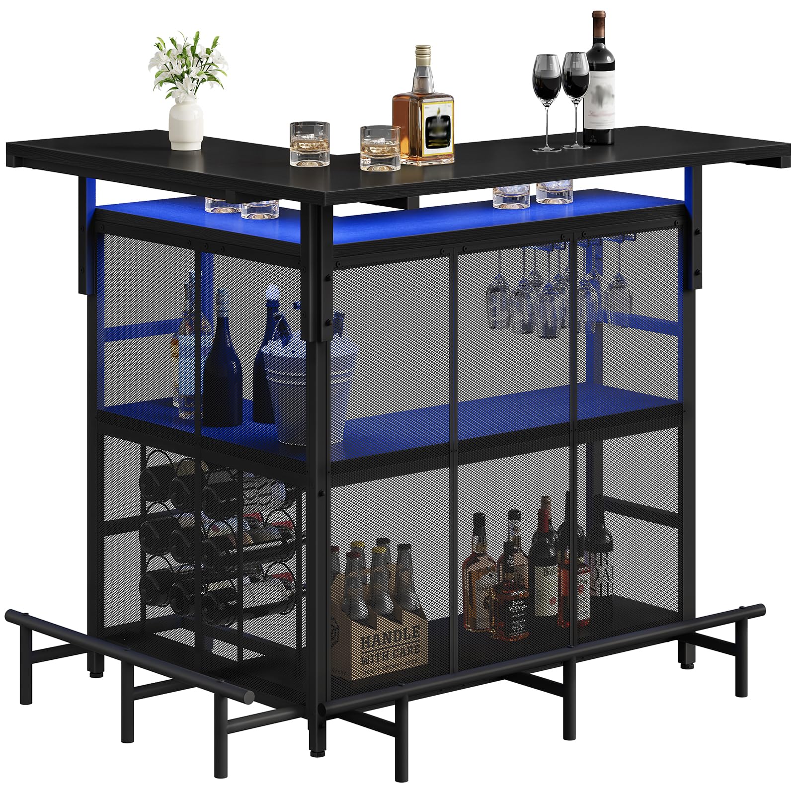 HOOBRO Home Bar Unit, L-Shaped Bar Table with Glasses Holder, and 4-Tier Shelves, Corner Mini Coffee Liquor Cabinet with Footrest,with LED Light APP Control for Home, Kitchen, Pub, Black BK129DBT01