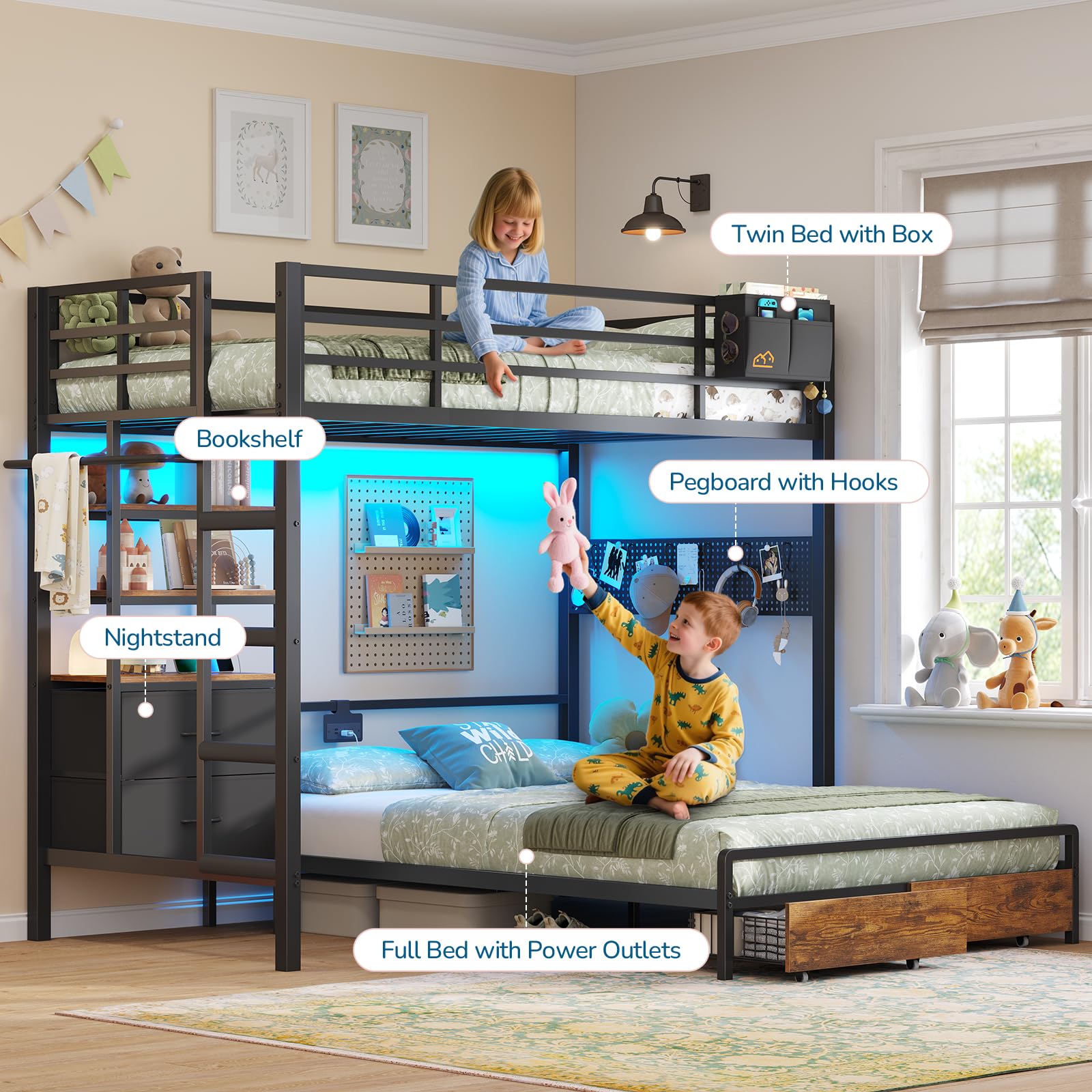 Twin Over Full Bunk Bed with Storage & LED Lights