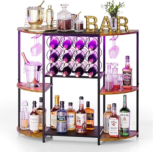 3-Tier Wine Bar Cabinet with LED Lights & Glass Holder