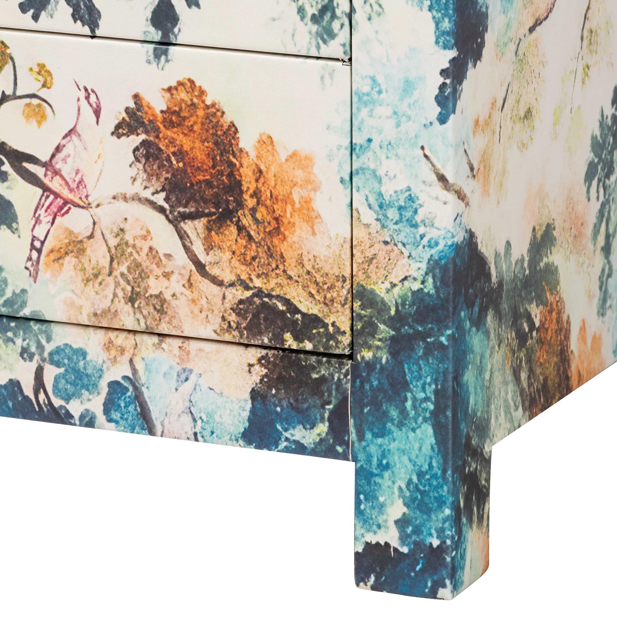 Baxton Studio Adeline End Table with Printed Nature Motif - 3-Drawer Storage Cabinet with Gold Knobs