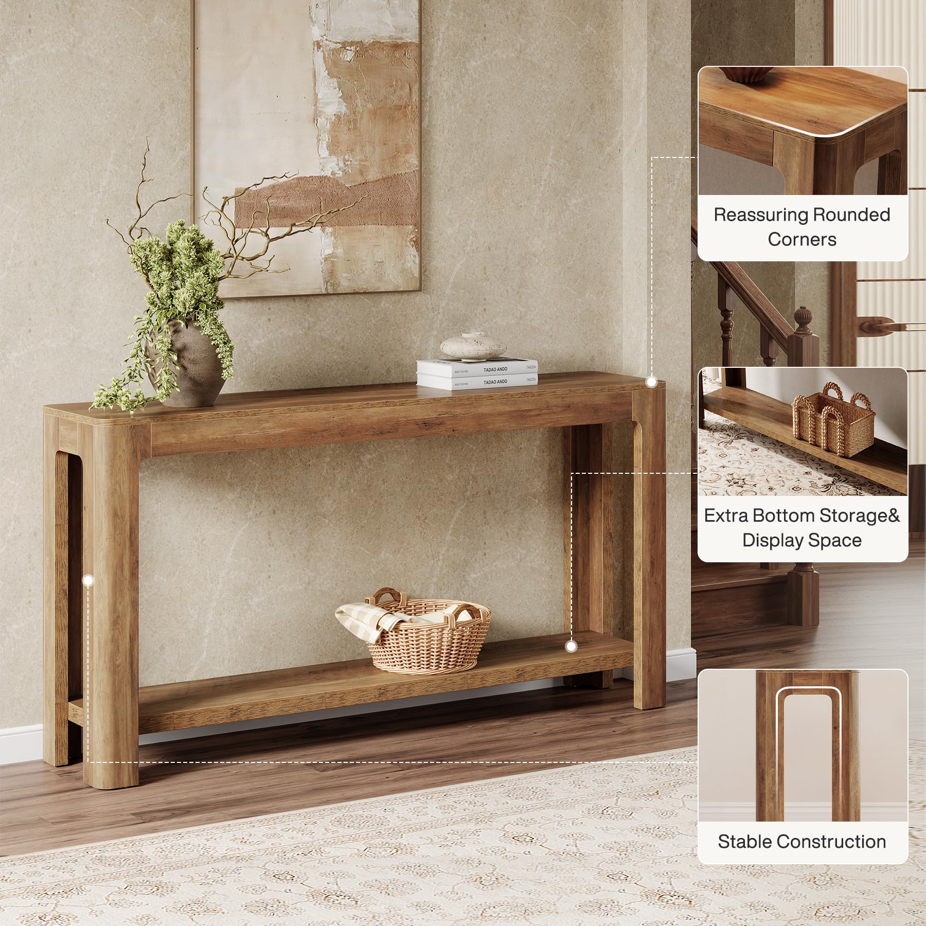 Tribesigns 63 Inch Entryway Console Table, 2-Tier Farmhouse Narrow Sofa Table Behind Couch, Accent Entrance Console Furniture for Entryway, Foyer, Hallway, Rustic Brown