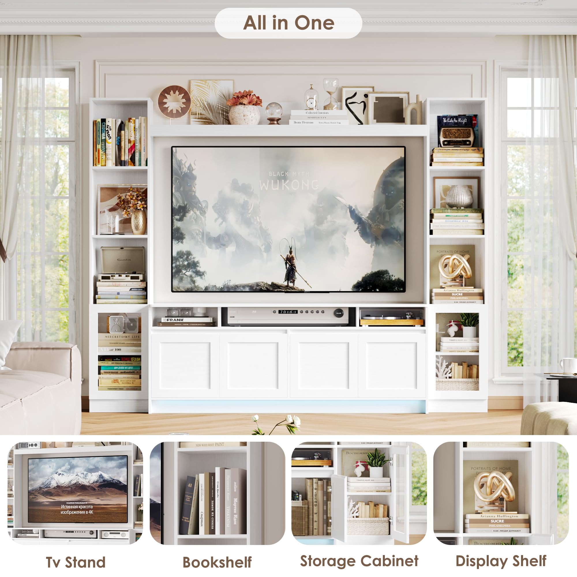 FACBOTALL 79" W Entertainment Center with Bookshelves & Storage Cabinet, Modern Wall Unit TV Stand for TVs up to 60", Large TV Console with LED Lights for Living Room, White