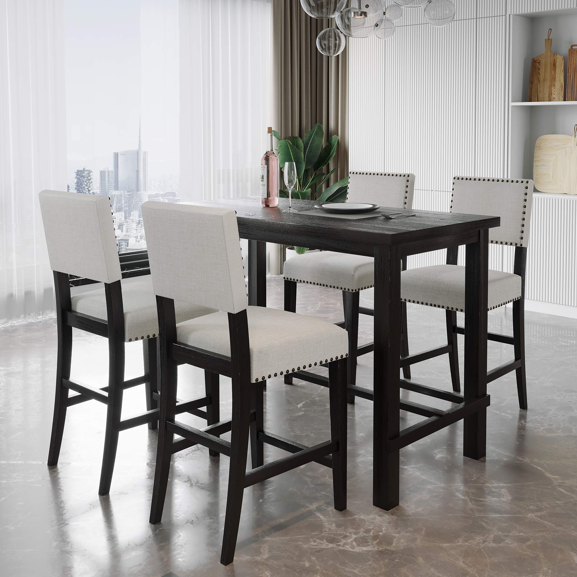 5-Piece Counter Height Dining Table Set with 4 Cushioned Chairs