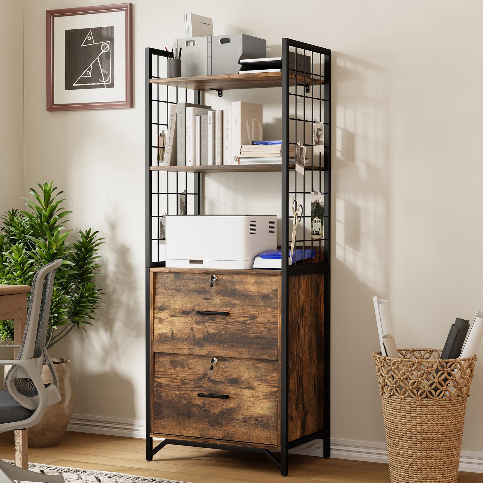 File Cabinet with Locking Drawers, Printer Stand & Open Shelves