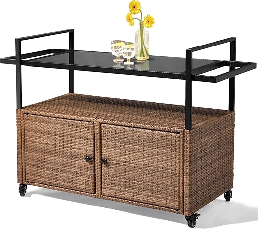 Outdoor Wicker Bar Table with Steel Shelves