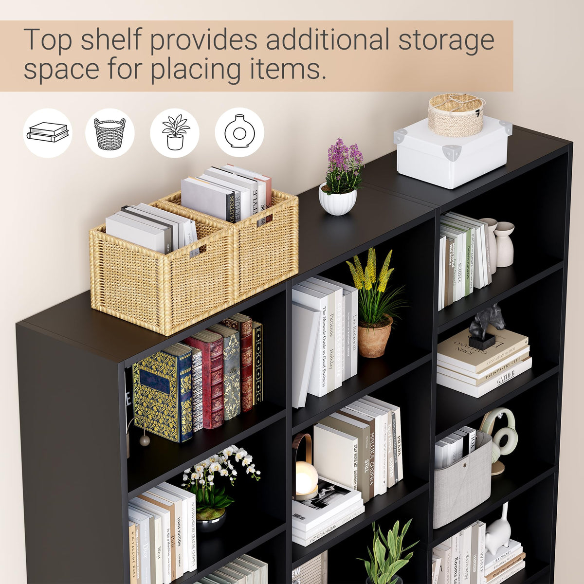 ELYKEN Triple Wide Bookshelf, Large 6 Tier Bookcase with 17 Shelves, Black