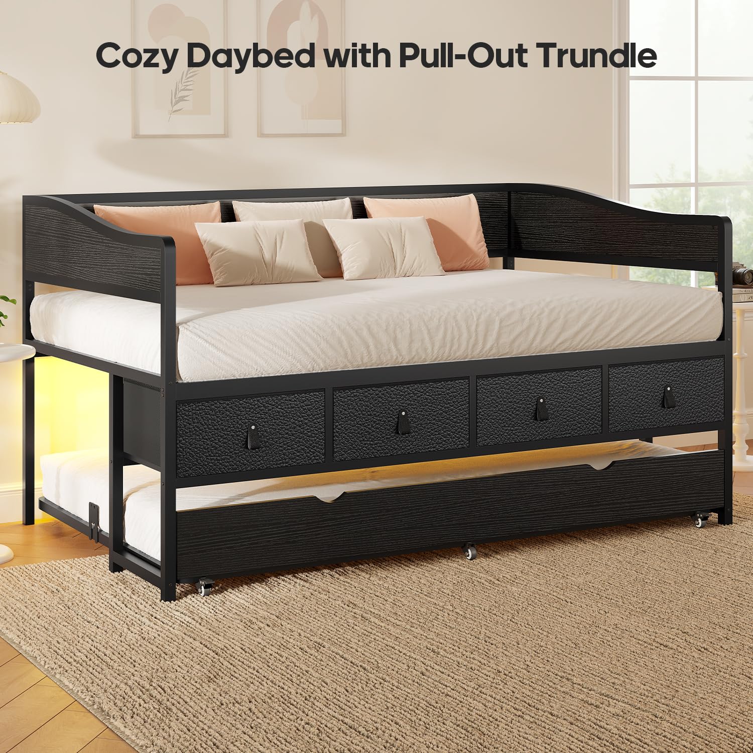 ADORNEVE Twin Daybed with Trundle, Metal Trundle Bed Twin with 4 Storage Drawers and LED Light, Sofa Day Bed Frame with Strong Supports for Living Room, Bedroom and Guest Room, Black