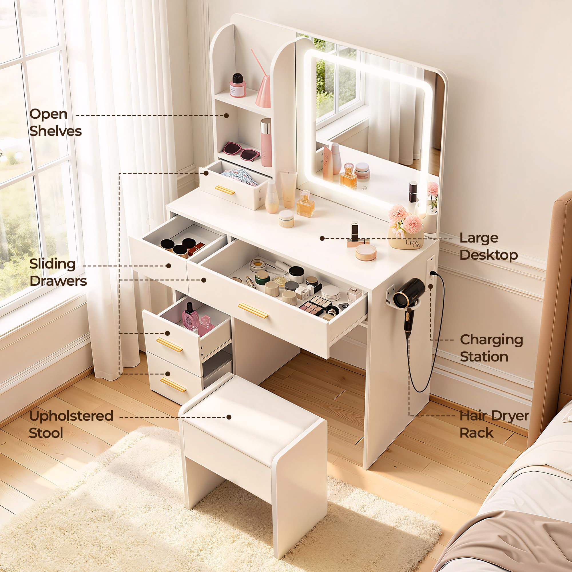 LED Makeup Vanity Desk with Mirror, Drawers & Storage Stool