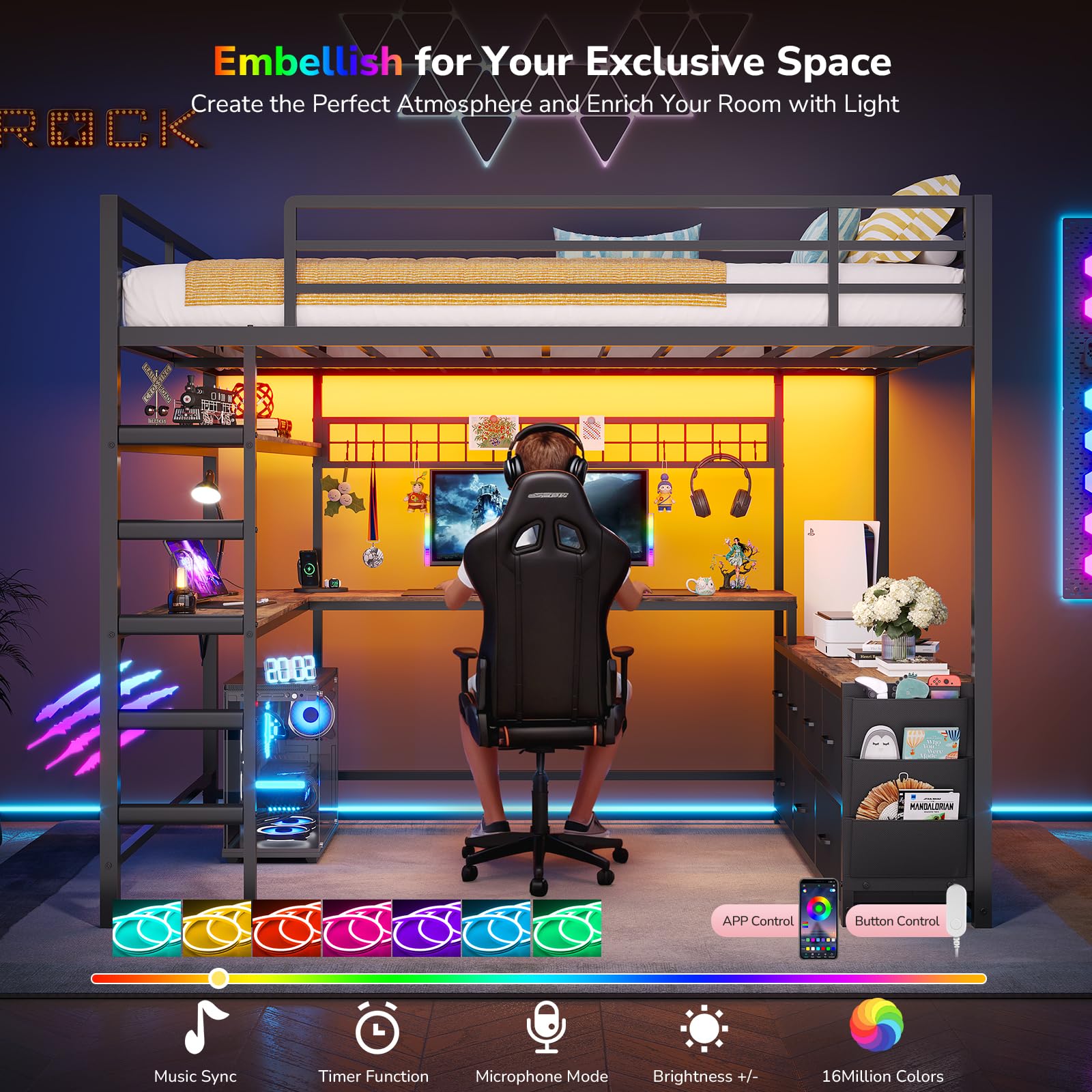 Full Size Loft Bed with Desk, Storage Drawers & RGB LED Lights