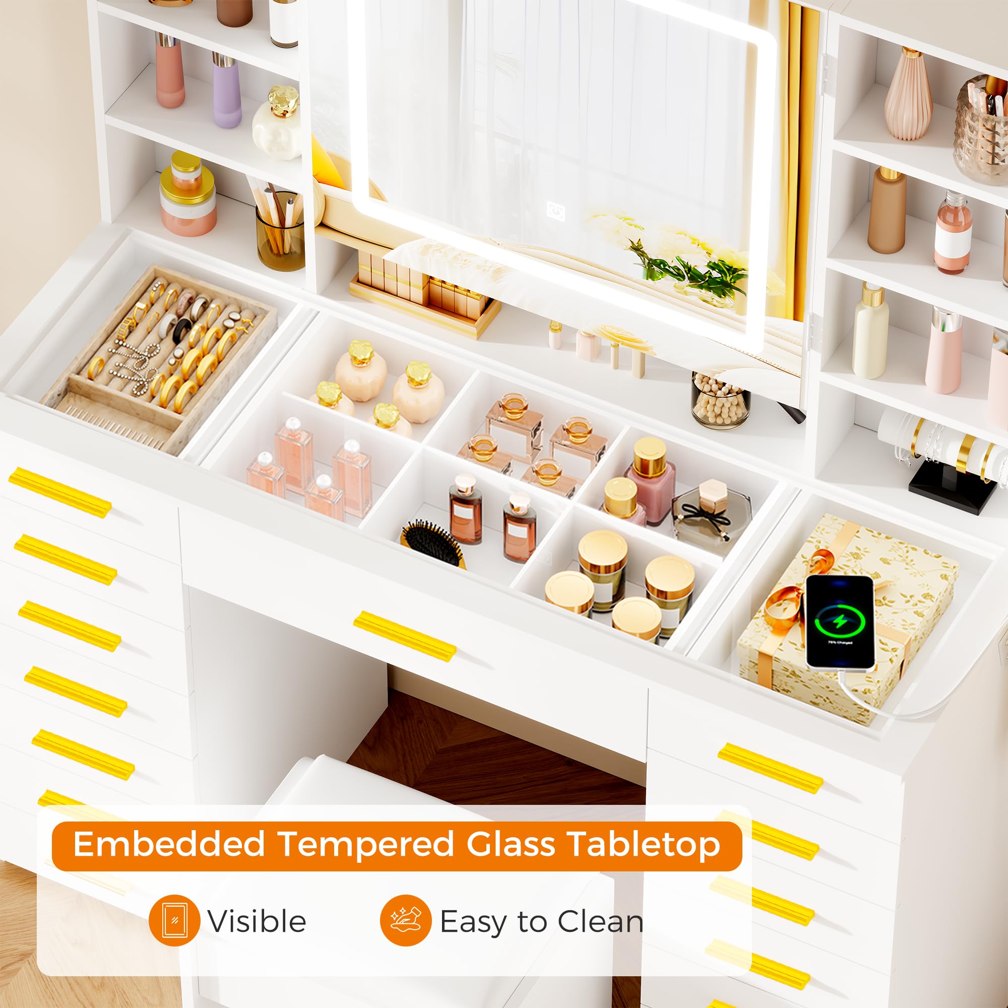 YUNSCEND White Vanity Desk with LED Lighted Mirror, 15 Drawers Makeup Vanity Table with Transparent Glass Top Power Outlet 9 Shelves 8 Hooks Large Dressing Table with Stool for Girls Women UXFST012W
