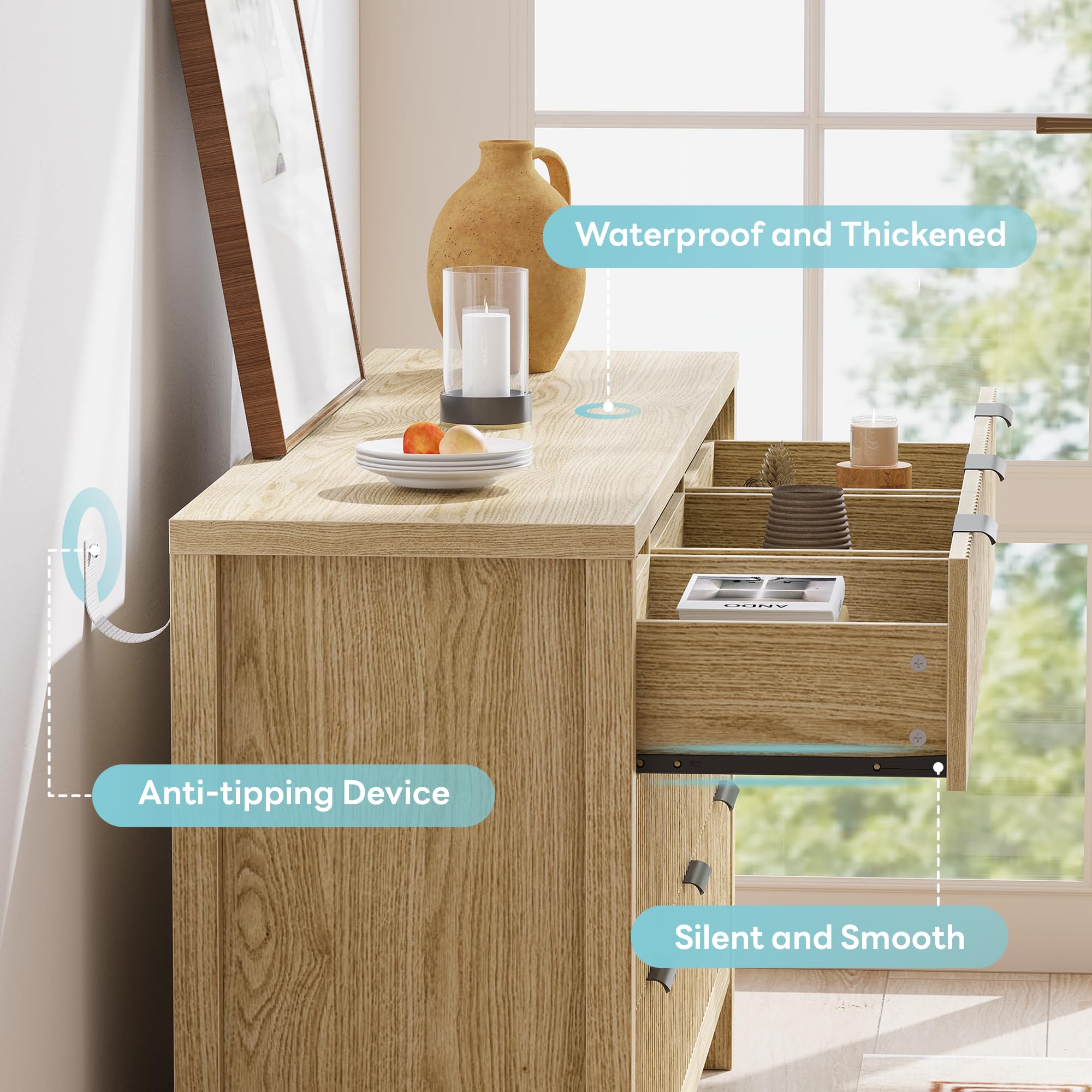 9-Drawer Fluted Dresser with Metal Handles – Natural Oak