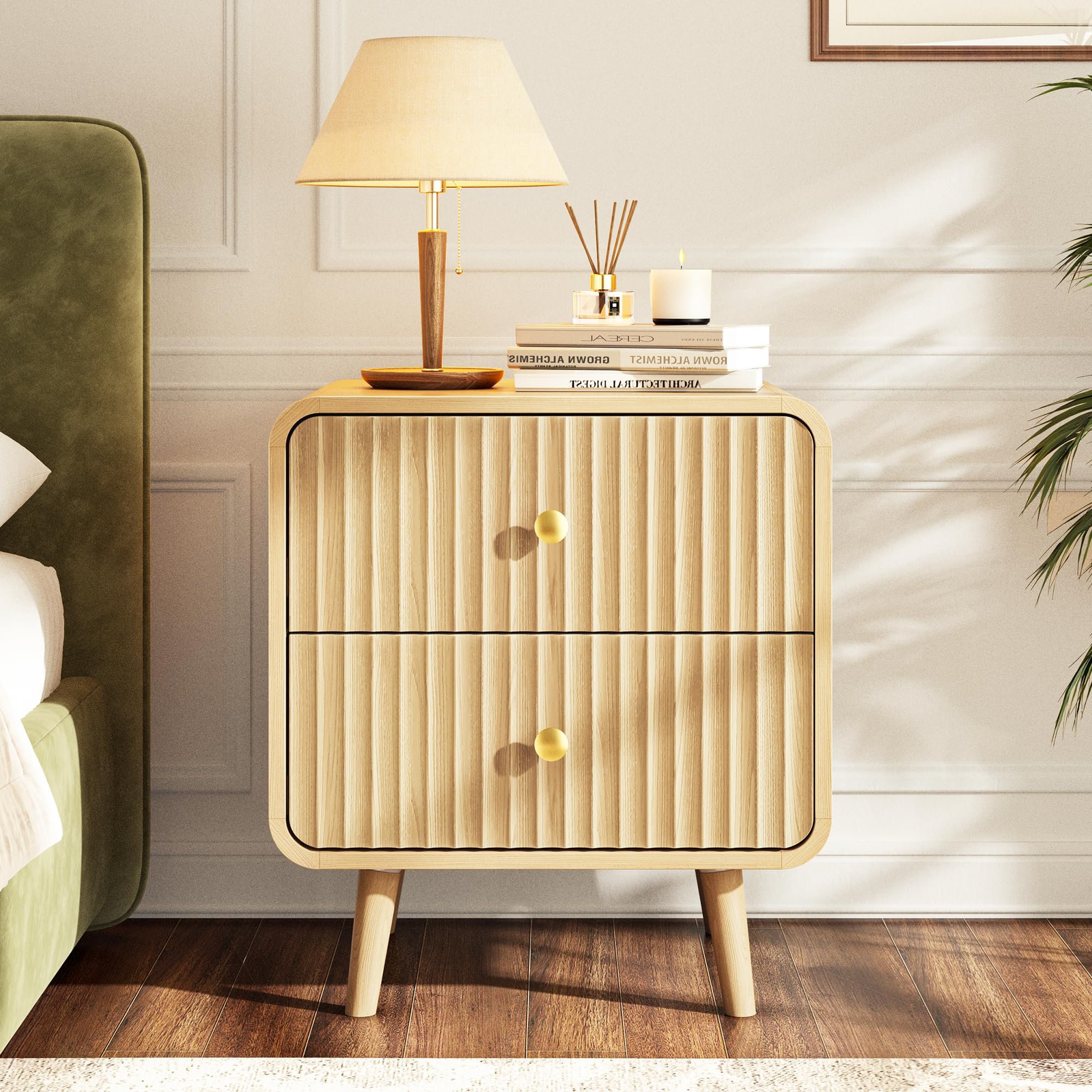 Fluted Nightstand with 2 Drawers – Oak