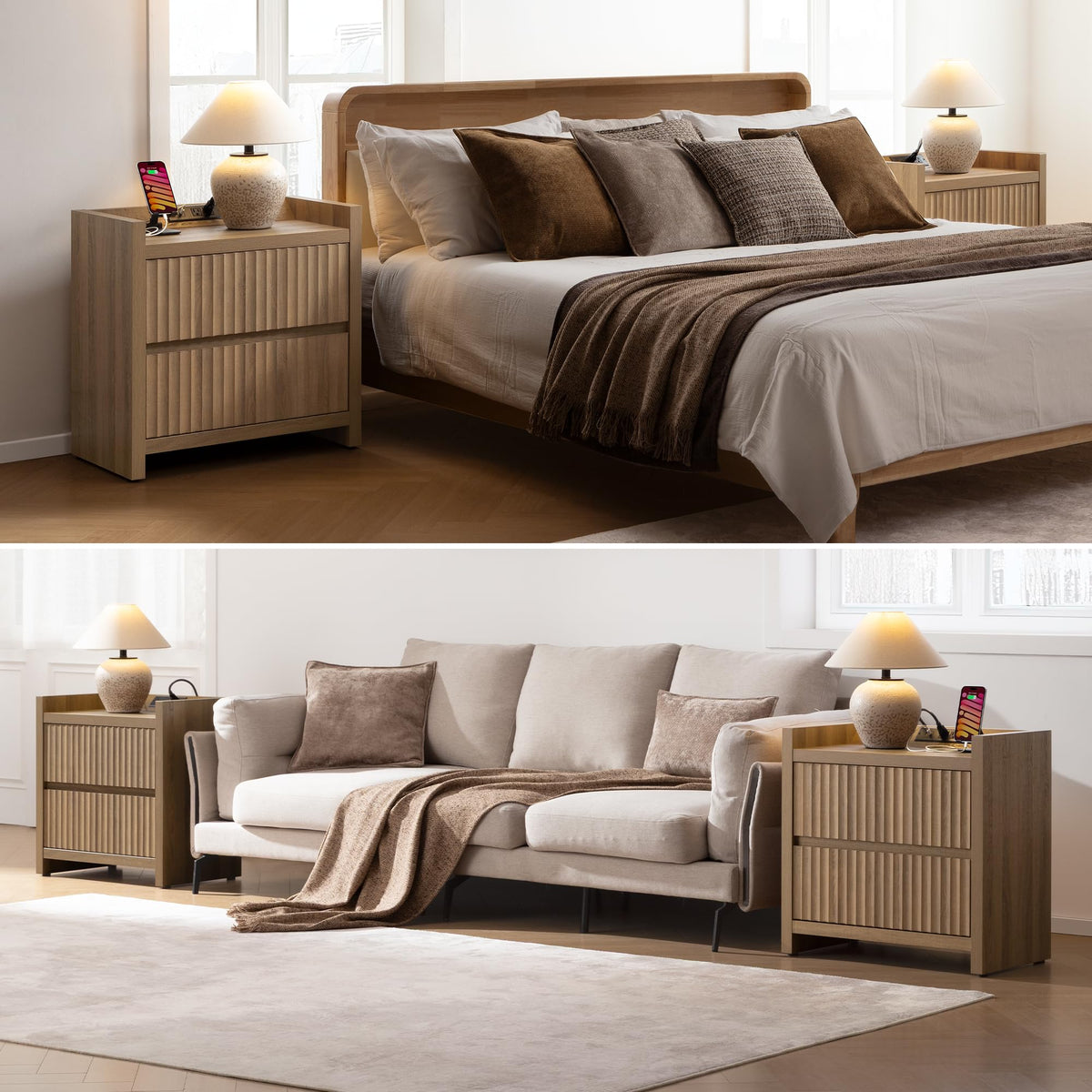 Fluted Charging Nightstands, Set of 2