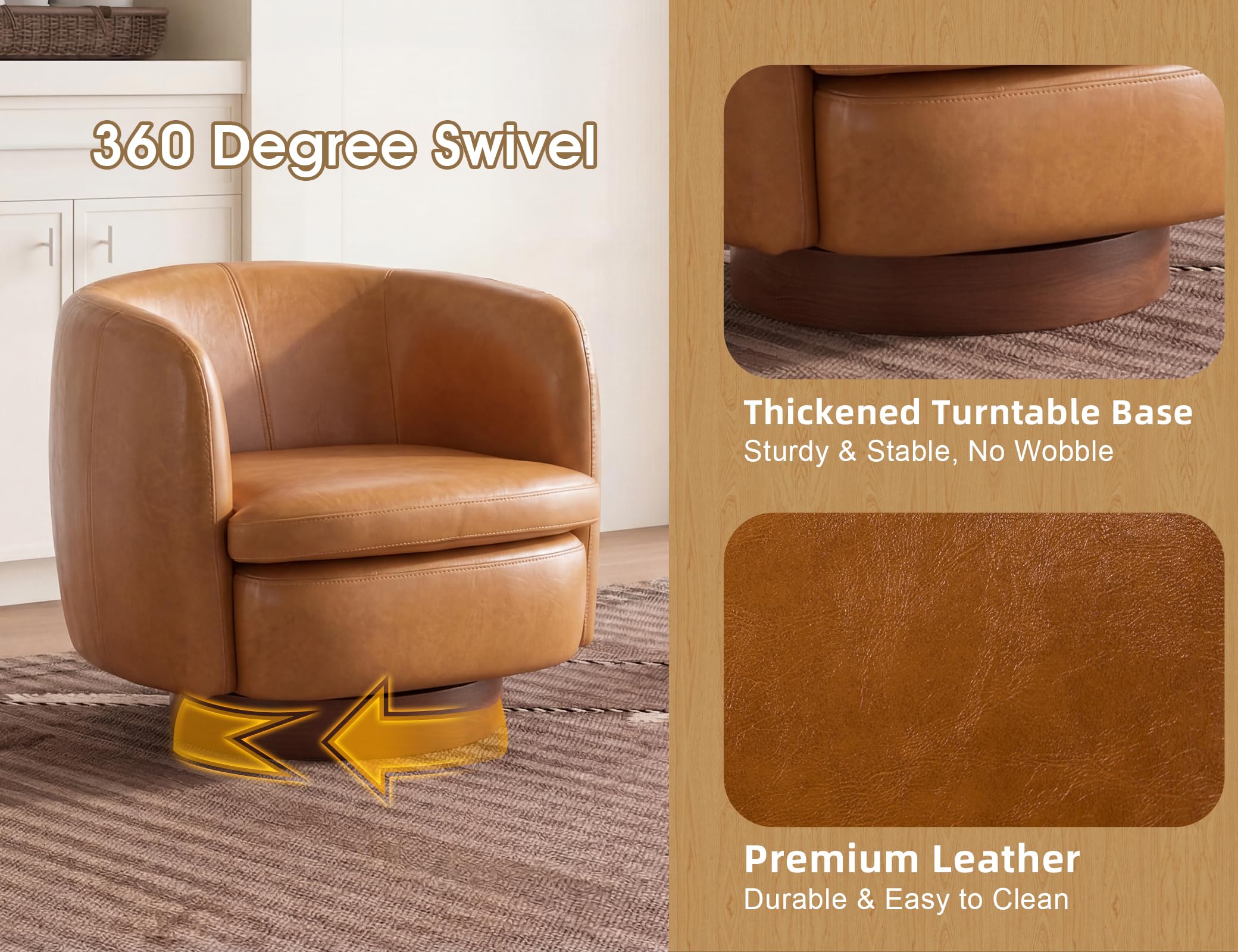 Mistpeople Swivel Barrel Accent Chair, 360° Rotating Small Single Sofa Chair, Upholstered Round Armchair with Solid Wood Base, Modern Comfy Mini Sofa for Living Room, Bedroom, Office, Brown