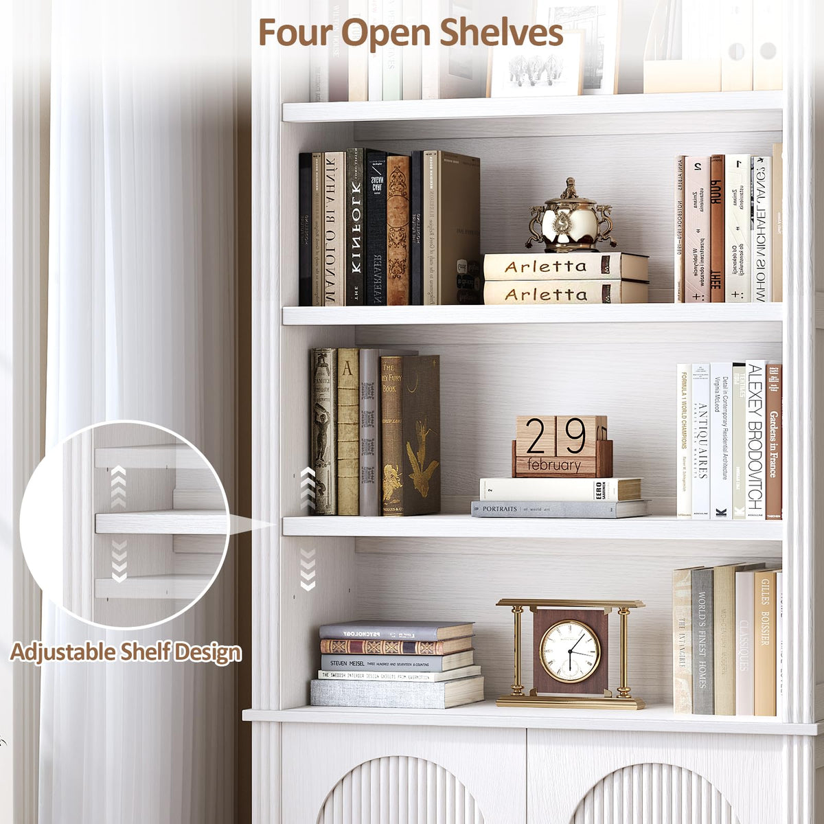 Glirun Modern 71" Tall 6-Shelf Bookcase with Doors, Storage Cabinet with Adjustable Shelves, Fluted Double-Door Design for Living Room, Home Office, Bedroom
