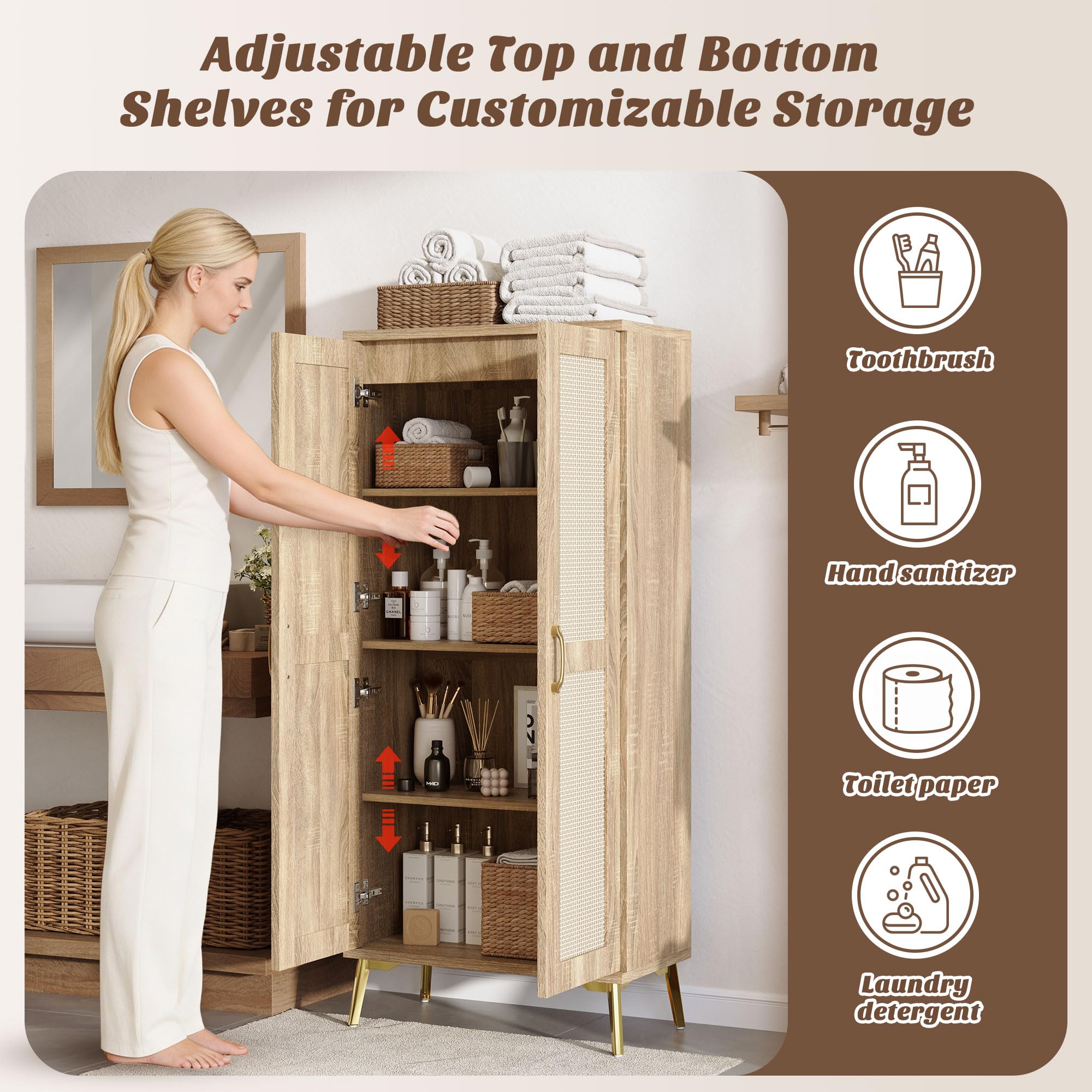 JASIWAY Tall Bathroom Storage Cabinet with Doors and Shelves, 57" Linen Floor Storage Cabinet for Laundry Entryway, Wood Freestanding Pantry with Metal Handle, Adjustable Shelves, Anti-Tipping Device