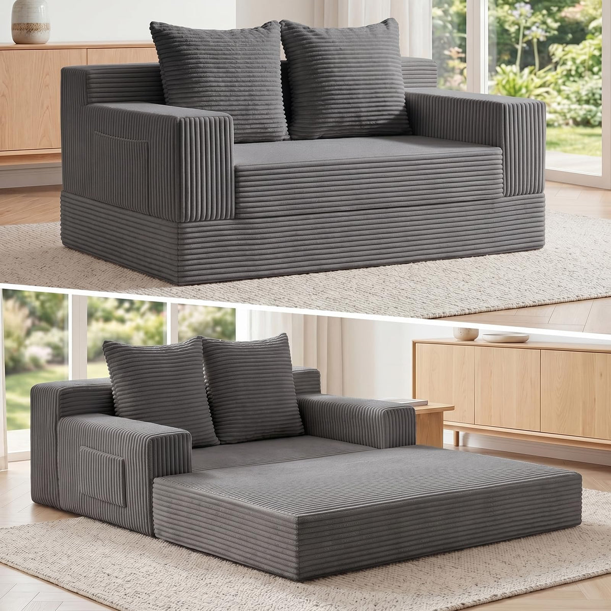 feliz home Boneless Loveseat Small Couch Bed, Futon Sleeper Sofa Bed,Convertible Pull Out Couch with 2 Pillows,Corduroy Folding Floor Couch for Living Room,No Assembly Required,Grey