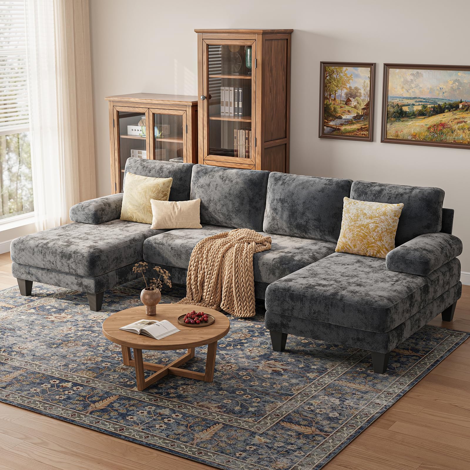 TROMIRY Sectional Couches for Living Room | 112 Inch U-Shaped Sectional Couch | 4 Seat Sofa Set with Double Chaise for Apartment | Dark Grey Chenille