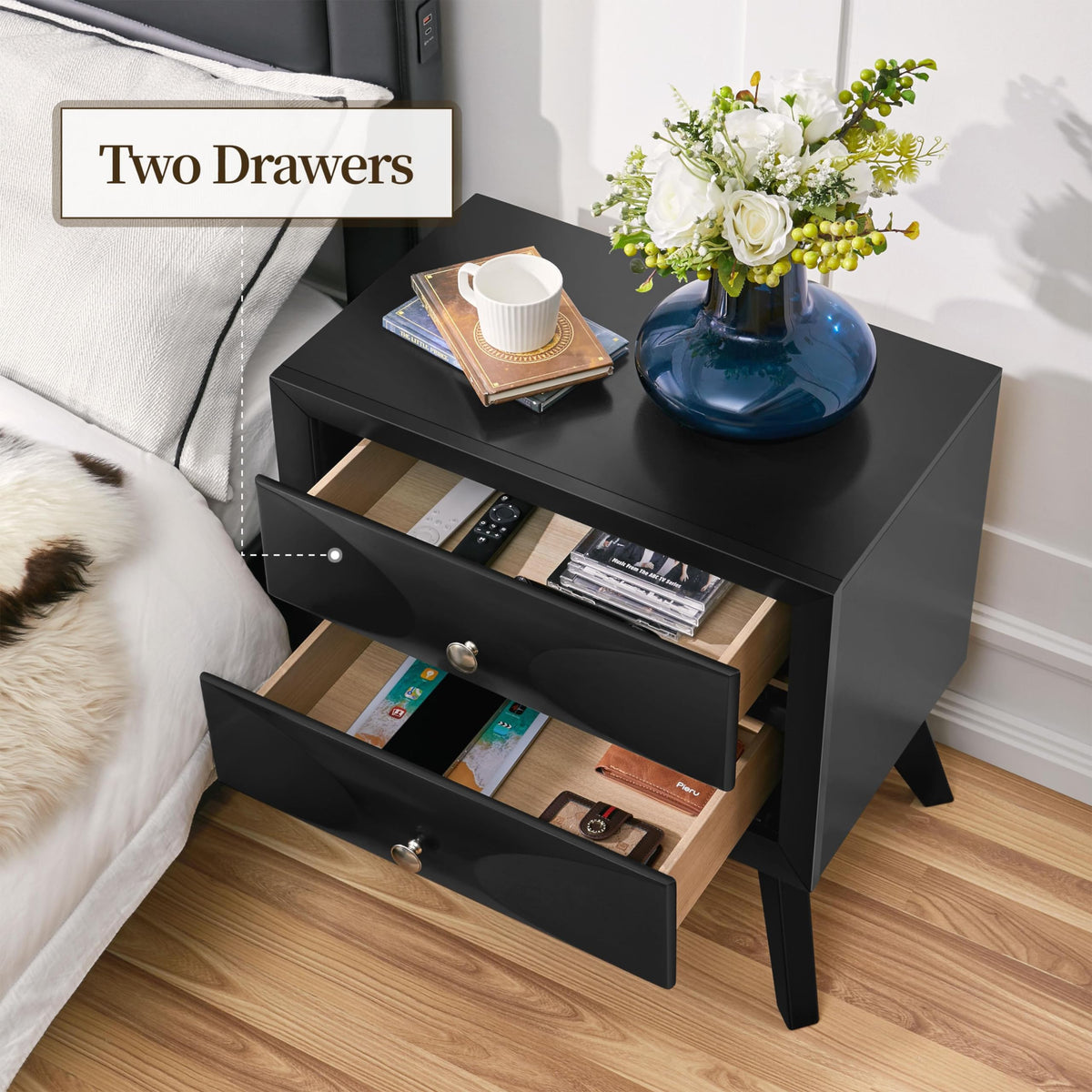 Black 2-Drawer Nightstand