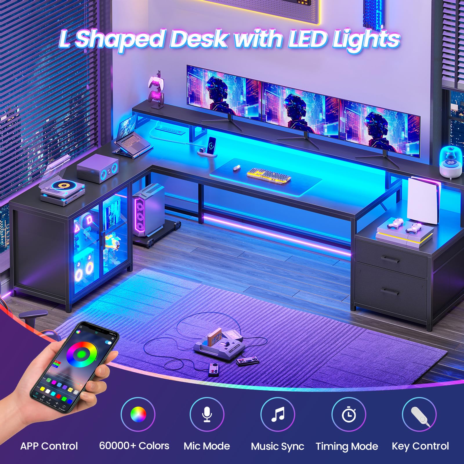 SEDETA L Shaped Gaming Desk, 78.7” Large Computer Desk with Drawers and Power Outlet & LED Light, Corner Gaming Desk with Storage Shelves, Display Cabinet for Home Office, Black