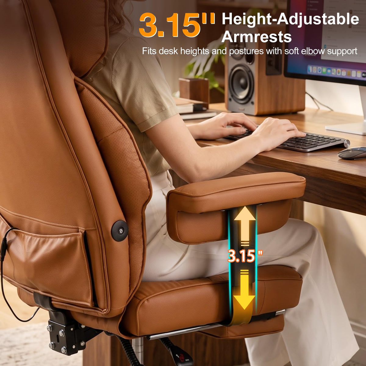 BOWTHY Kneading Massage Office Chair with Footrest,90-135°Reclining Office Chair,Ergonomic Computer Desk Chair,Gaming Chair with Lumbar Support,Leather Executive Chair with Adjustable Armrests,Brown