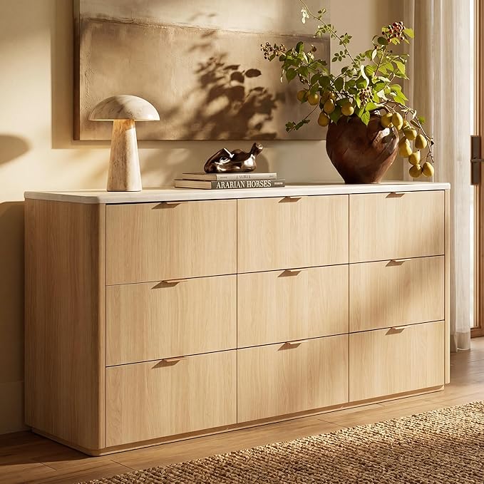 9-Drawer Wide Dresser with Faux Travertine Top