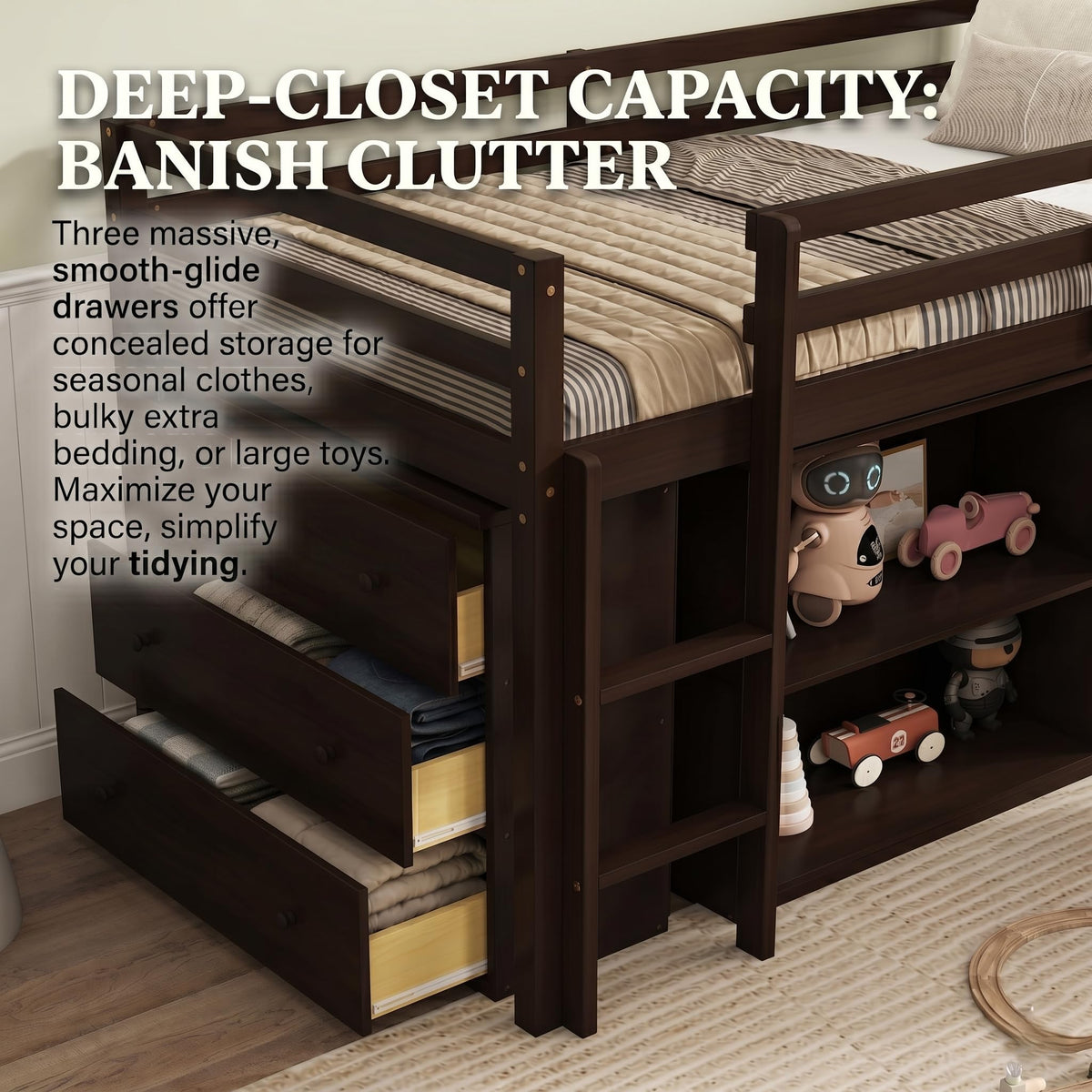 PVWIIK Twin Size Low Loft Bed with Desk,Storage Drawer for Kids,Espresso
