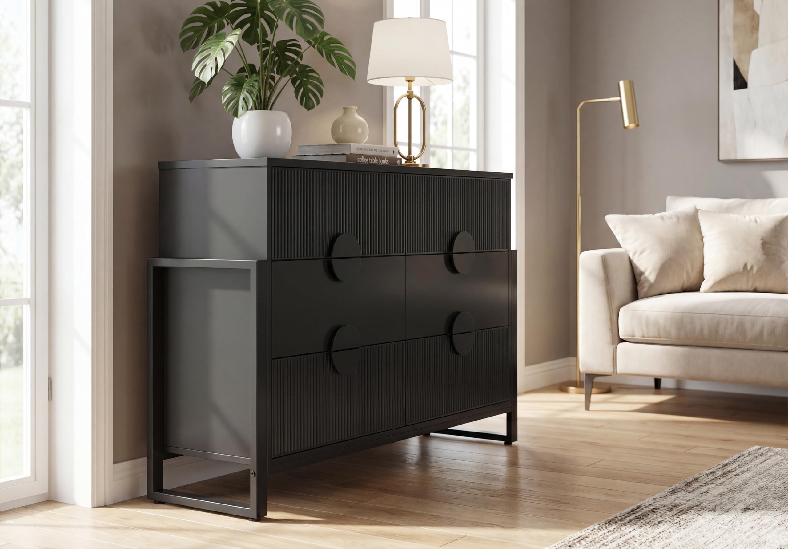 6-Drawer Fluted Dresser with Steel Frame