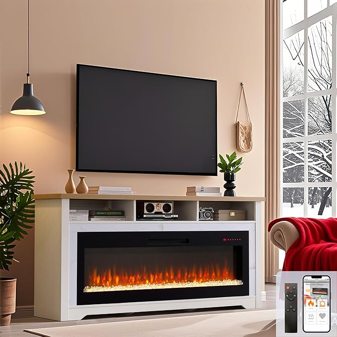 TV Stand with Electric Fireplace – Open Shelves, App & Voice Control, White