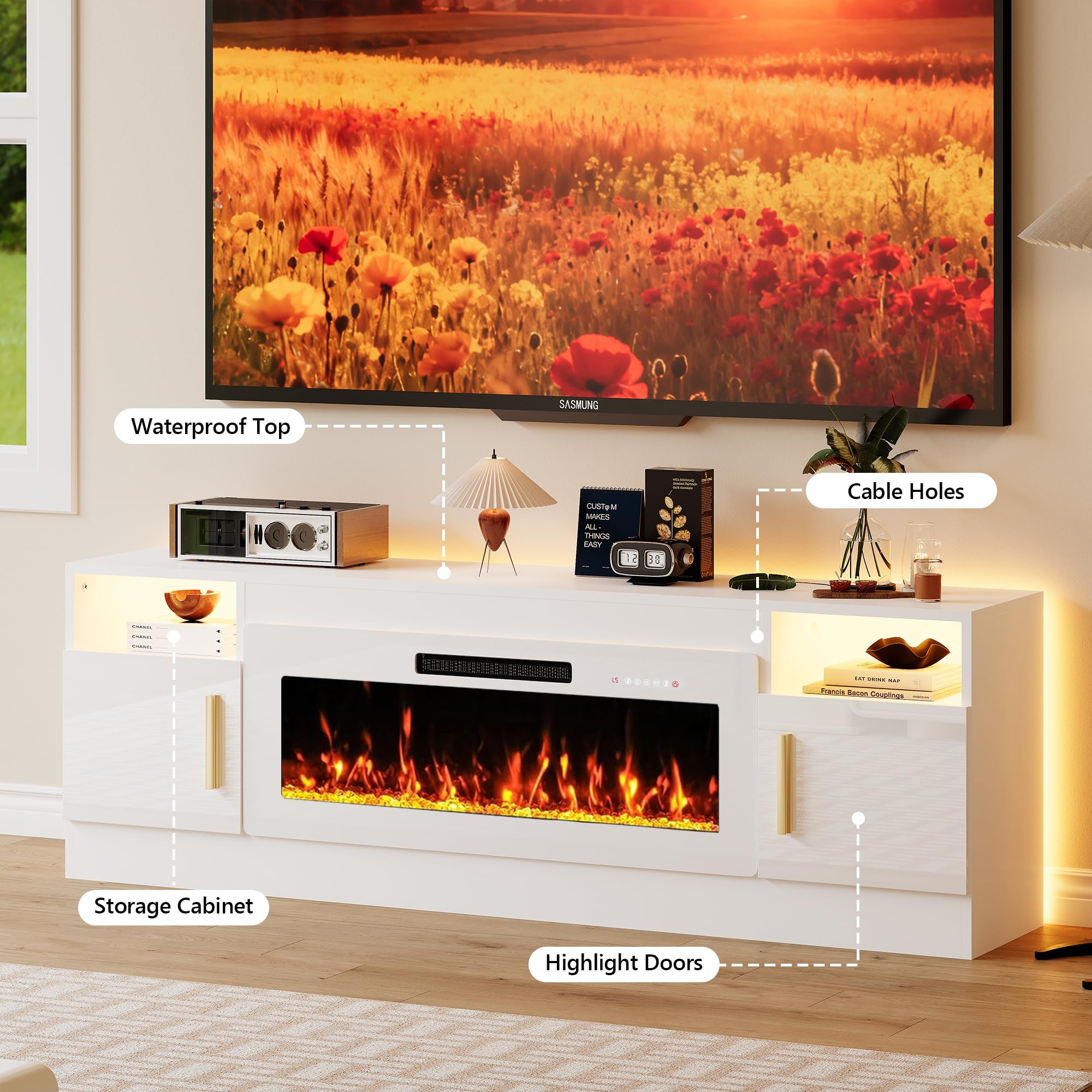 KENAINALU Fireplace TV Stand with 40’’ Electric Fireplace, 70'' TV Media Entertainment Center with Fireplace Up to 80 inch,Modern LED TV Console with High Gloss Cabinet for Living Room