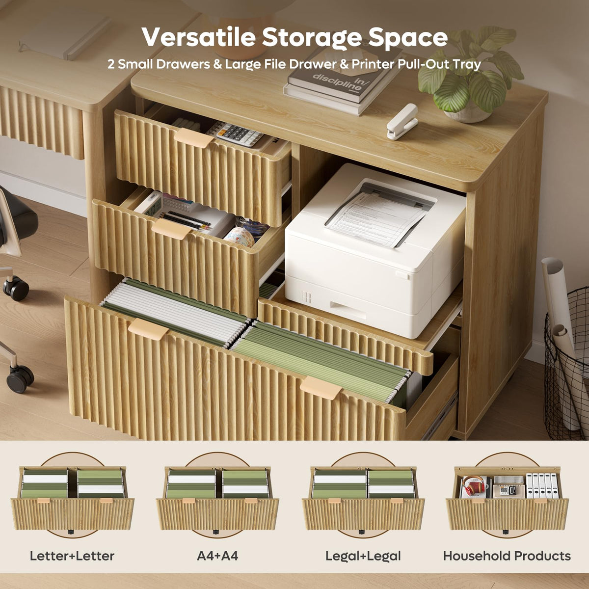 Fluted 3-Drawer Filing Cabinet