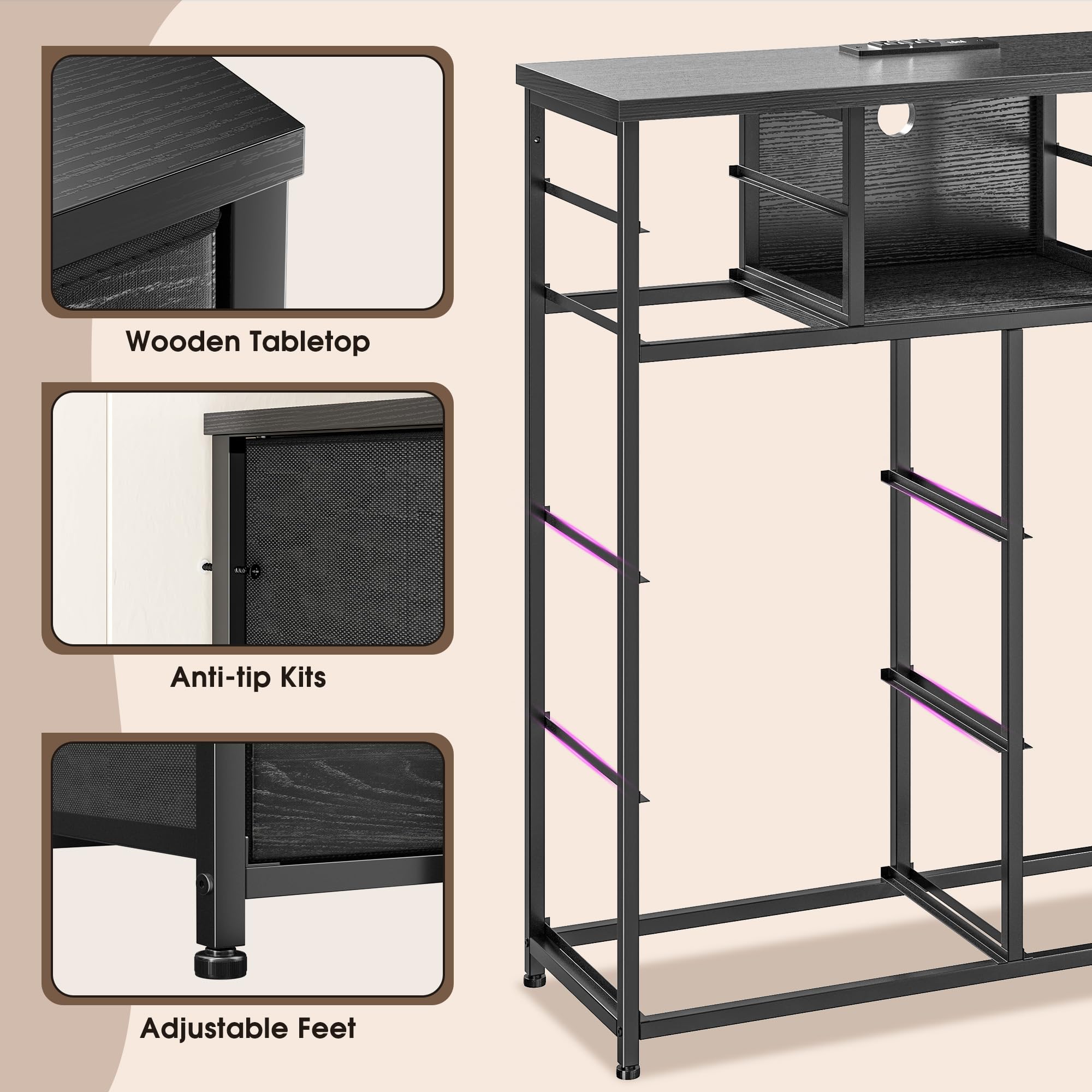 Romorgniz Dresser for Bedroom with 10 Drawers Featuring LED Light and Power Outlet, Fabric Dressers & Chest of Drawers with Open Shelves for Hallway, Living Room, Metal Frame,Wood Top,Grain Black