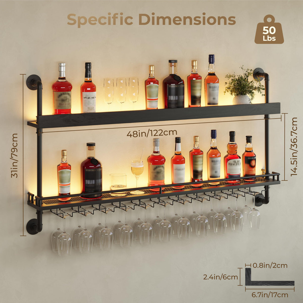 2-Tier Wall Mounted Wine Rack, Dimmable LED, Hanging Glass Rack, 48", Black