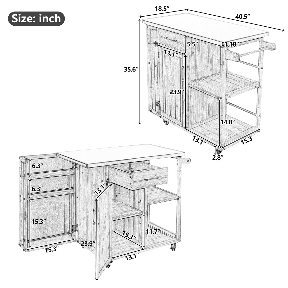 P PURLOVE Outdoor Kitchen Island, Fir Wood Prep Station with Stainless Top, Ample Storage Space, Towel and Spice Racks for Patio and Outdoor, Dark Brown
