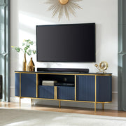 OKD Luxury 70" Fluted TV Stand, Modern Entertainment Center for TVs Up to 80 inches, TV Console with Faux Marble Top, Curved Profile Design, Media Console for Living Room, Blue