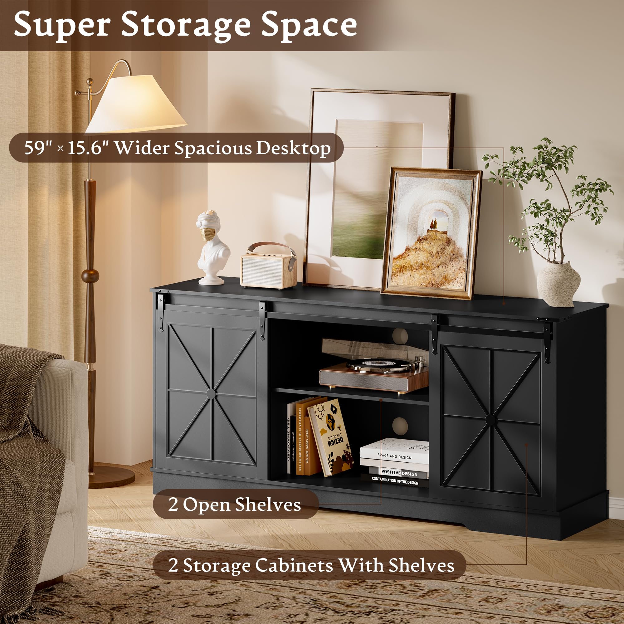 yesasin Farmhouse TV Stand for 55 60 65 Inch TV, Entertainment Center with Storage & Sliding Barn Doors, Easy Assembly, Modern Mid Century Media TV Console Table for Living Room, Bedroom Black