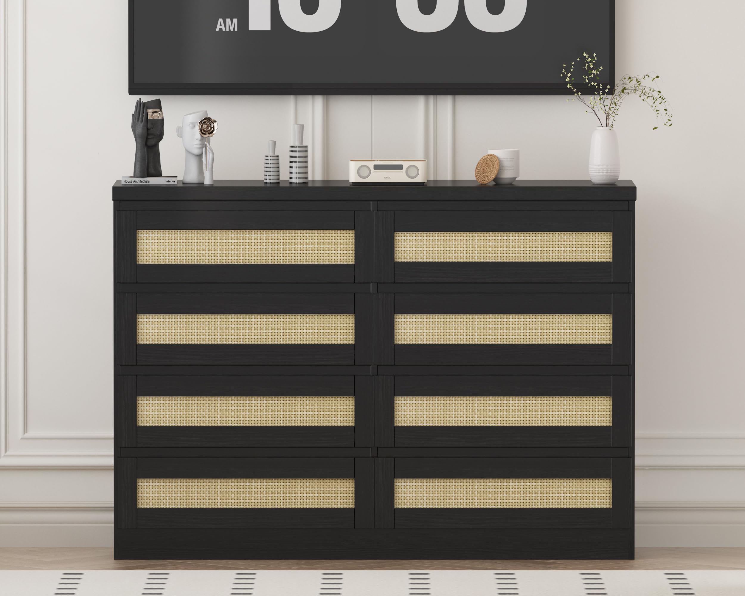 MilleLoom 47 Inch Rattan 8 Drawer Dresser, Modern Farmhouse Chest of Drawers, Tv Stand Dresser Accent Furniture for Living Room, Bedroom, Entryway
