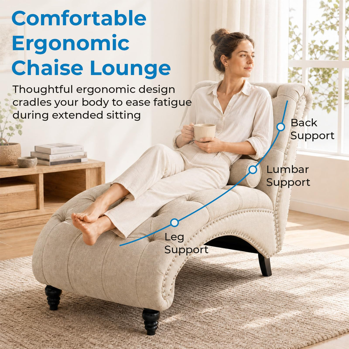 Tufted Chaise Lounge Chair Indoor, Beige Linen with Pillow & Nailhead Trim