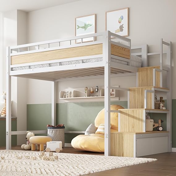 Twin Metal Loft Bed with Stairs & Storage Drawers