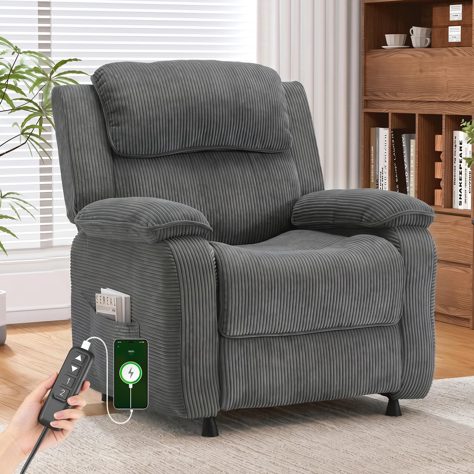 EROMMY Electric Recliner Chair, Oversized Power Recliner with USB Charging Port & Side Pockets, Heavy Duty Corduroy Reclining Sofa Chair, Wide Seat Living Room Chair for Adults, Dark Grey