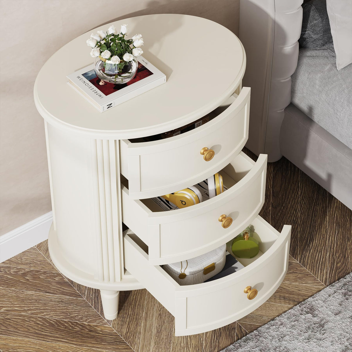 Cream 3-Drawer Nightstand