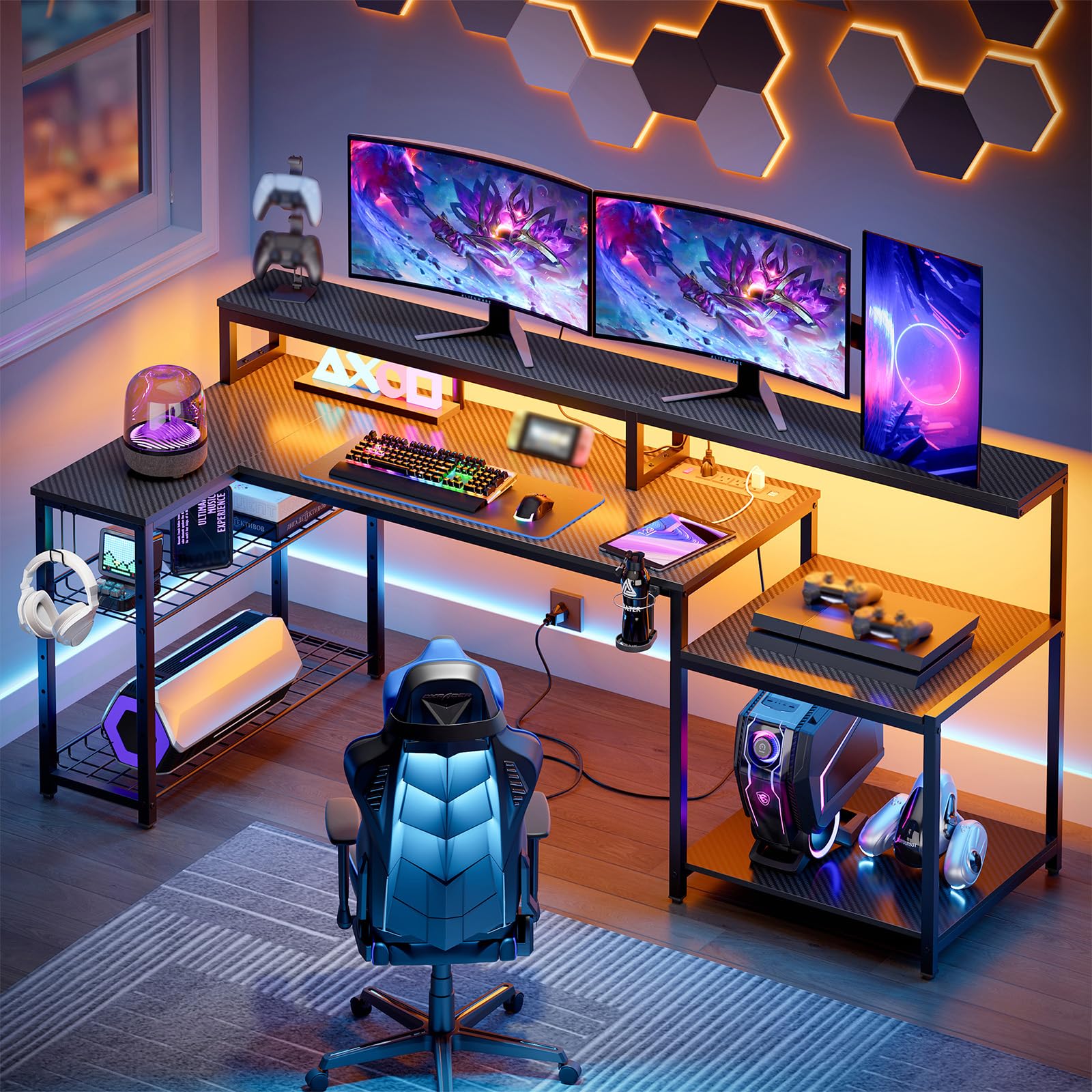 L-Shaped Gaming Desk with LED & Power Outlets, 71.5"