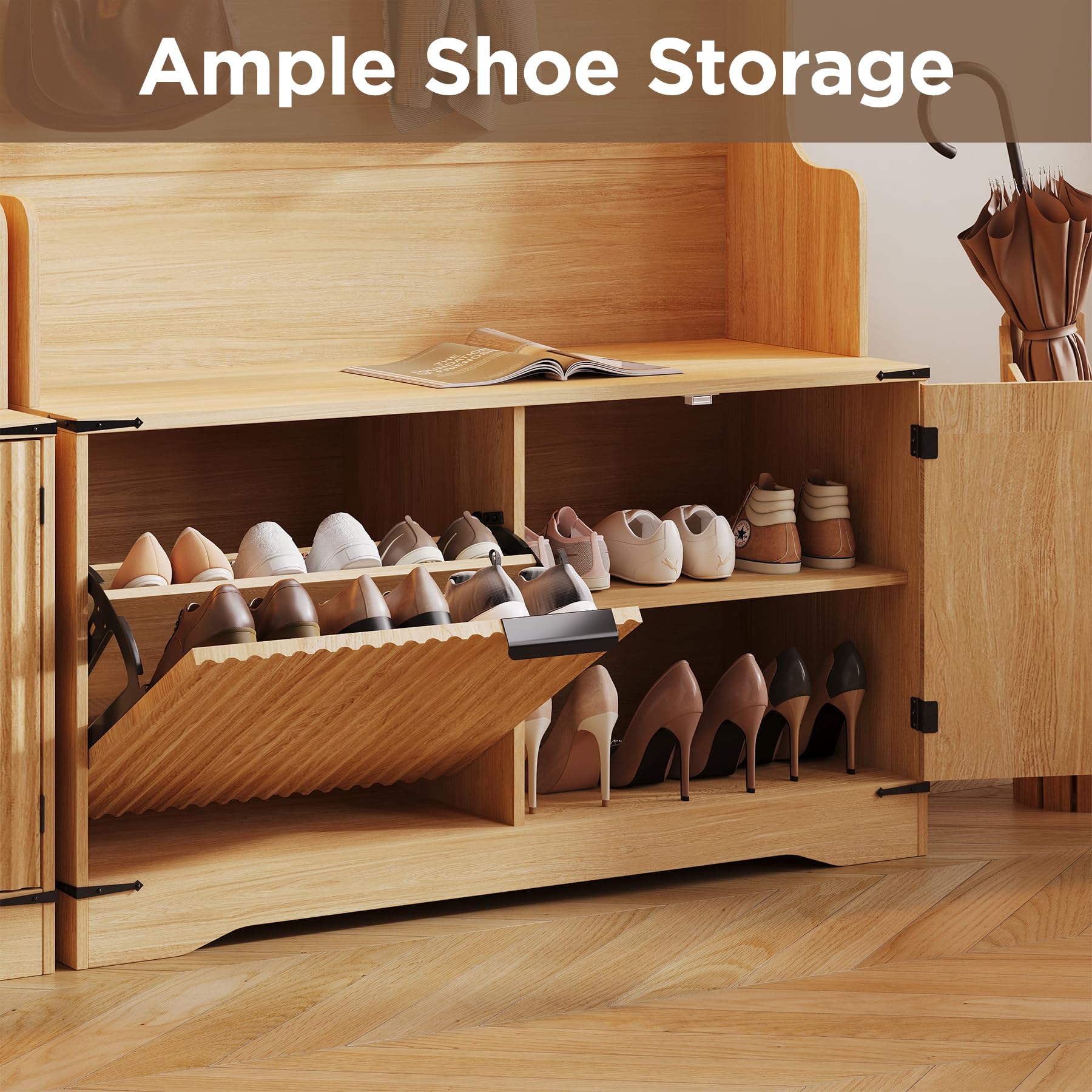 5-in-1 Farmhouse Hall Tree with Bench, Shoe Storage & LED Lights