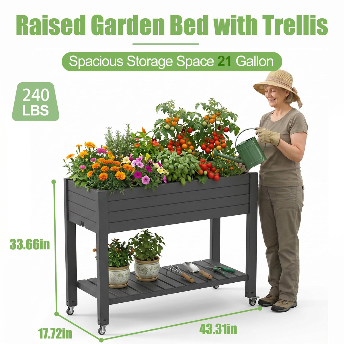 EFU Raised Garden Beds Outdoor, with Wheels & Extra Storage Shelf