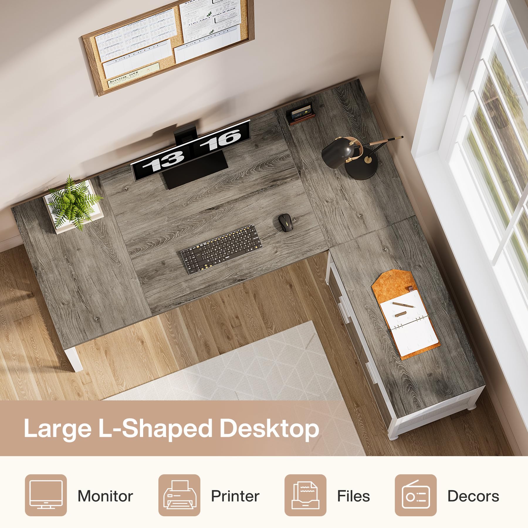 Tribesigns L-Shaped Desk with Drawers, 63" Executive Office Desk with Mobile File Cabinet and Storage Shelves, Home Office Business Furniture Set (Gray, White)