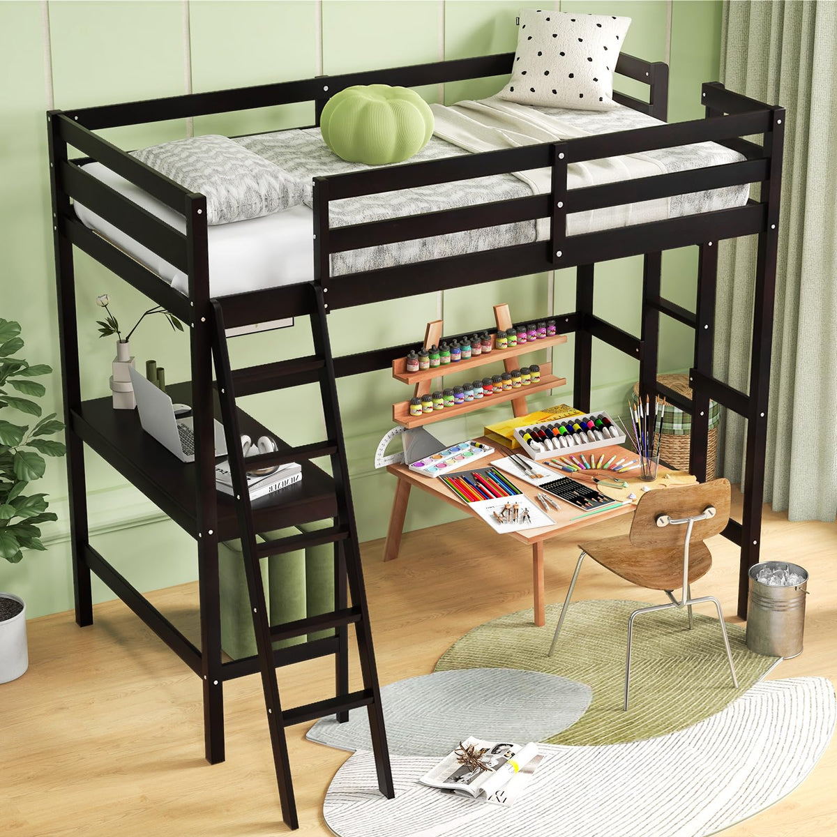 GIANTEX Twin Size Loft Bed with Desk, Solid Wood Loft Bed with 2 Ladders & Full Length Guardrail, Modern Space-Saving Twin Bed Frame for Kids Teens Adults, No Box Spring Needed, Espresso