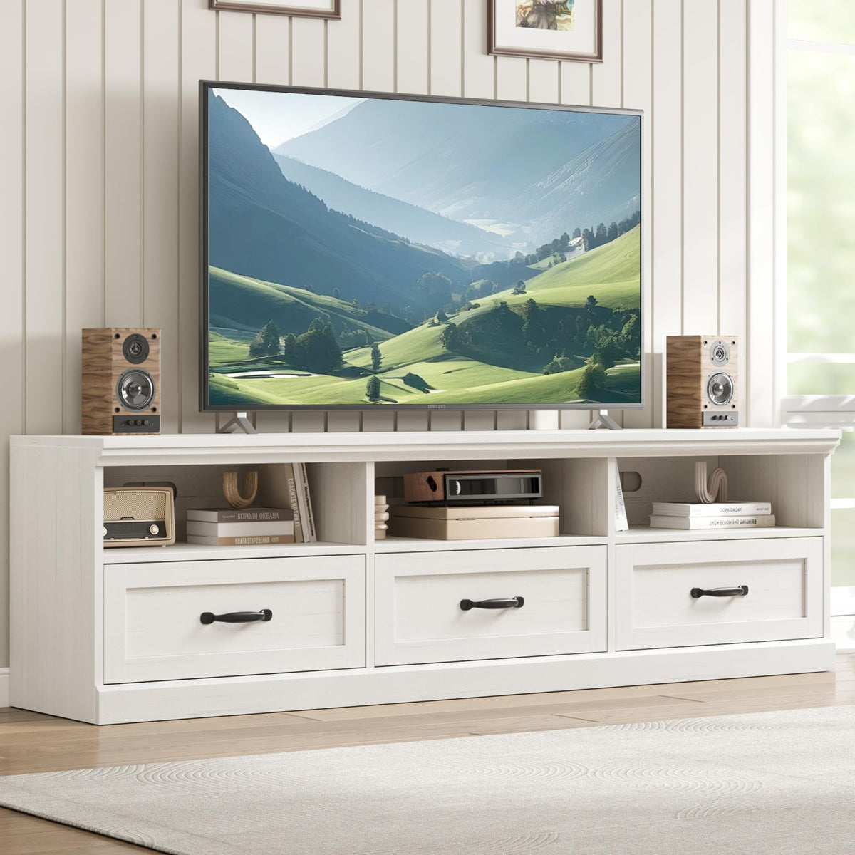 Garvee 70 Inch Mid-Century Modern TV Stand for 65/70/75 in TV, Entertainment Center with 3 Storage Drawers & Open Shelves, Media Cabinet for Living Room Bedroom, Antique White